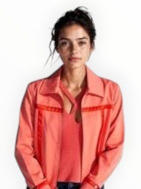 ST. JOHN SPORT Coral Orange Zip Front Stretch Jacket Blazer L Work Jean Casual